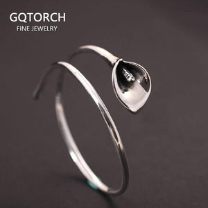 Real 925 Sterling Silver Jewelry Vintage Calla Lily Flower Open Bracelets & Bangles for Women Original Elegant Design - GQTORCH Jewelry