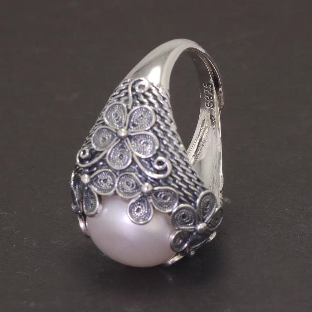 Real 925 Sterling Silver Baroque Pearl Ring Earrings Pendant Flower Branch Round Natural Freshwater Vintage Palace Jewelry - GQTORCH Jewelry