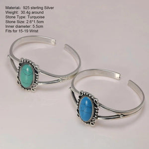 Real 925 Sterling Silver Bella Bangle Adjustable Open Cuff Bracelet With Natural Turquoise Stone Vintage Twilight Jewelry - GQTORCH Jewelry