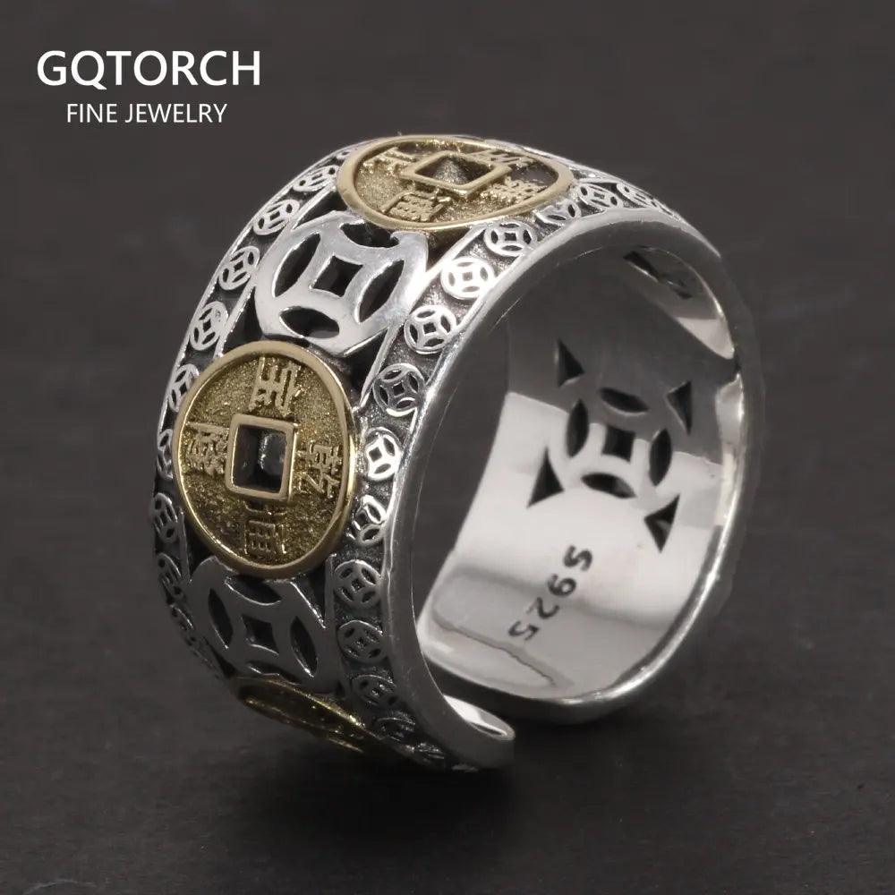 Real 925 Sterling Silver Men and Women's Five-emperor Coin Hollow-out Ring Adjustable Exquisite Vintage Good Lucky Jewelry - GQTORCH Jewelry