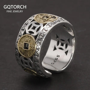 Real 925 Sterling Silver Men and Women's Five-emperor Coin Hollow-out Ring Adjustable Exquisite Vintage Good Lucky Jewelry - GQTORCH Jewelry