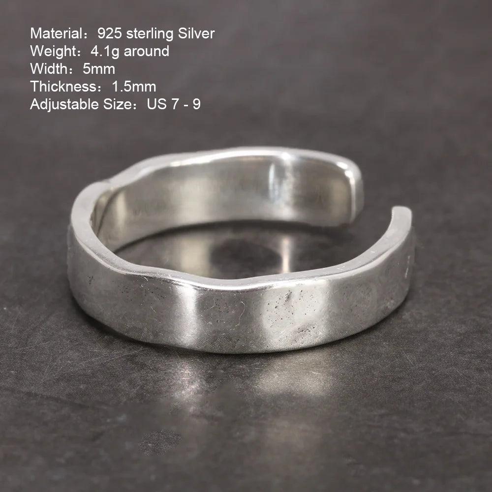 Sterling Silver S925 Bright Hand Hammer Pattern Men's and Women's Rings Minimalist Adjustable Jewelry - GQTORCH Jewelry