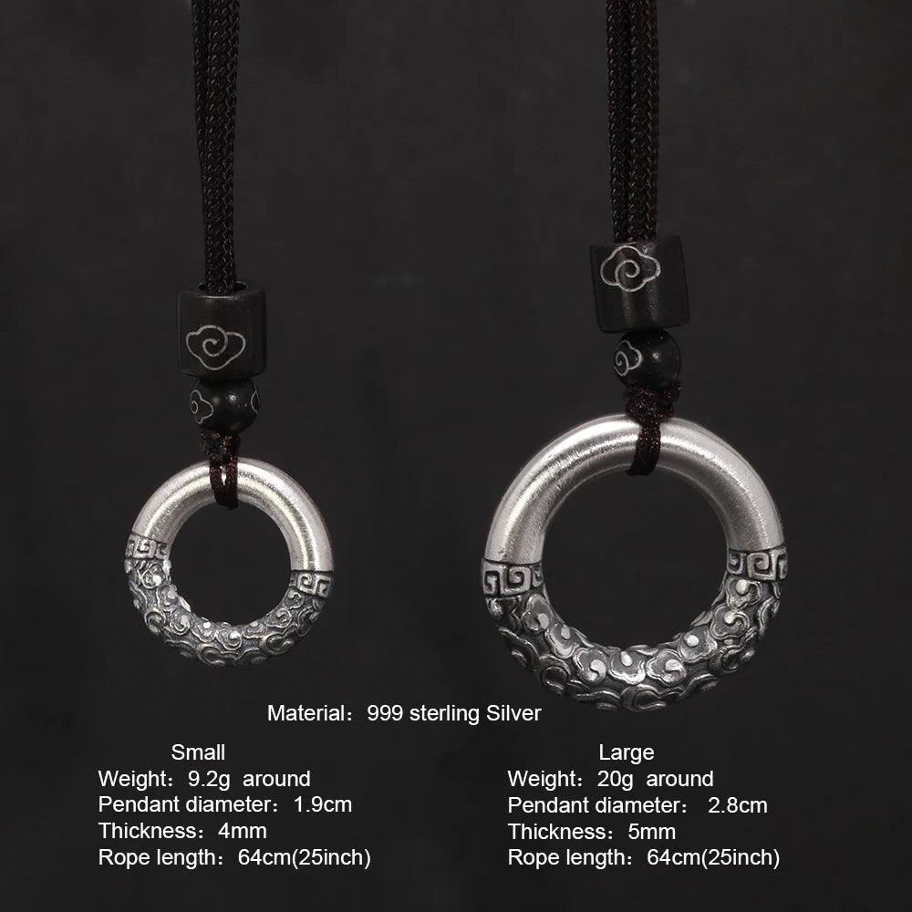 Pendant & Necklace Solid 999 Sterling Silver Peace Buckle Auspicious Clouds Rope Sweater Chain Men Women Buddhist Couple Jewelry - GQTORCH Jewelry
