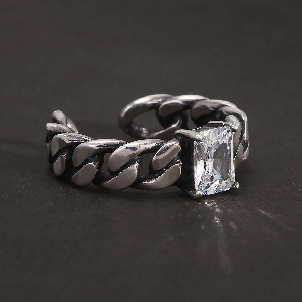 925 Sterling Silver Twisted Braided Ring with White Zircon Shining Square Shaped Thai Silver Color Retro Vintage Fashion Jewelry