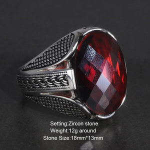 Real Pure 925 Sterling Silver Rings With Red Color Zircon Stone Faceted Wedding Rings For Men Vintage Turkish Jewelry - GQTORCH Jewelry