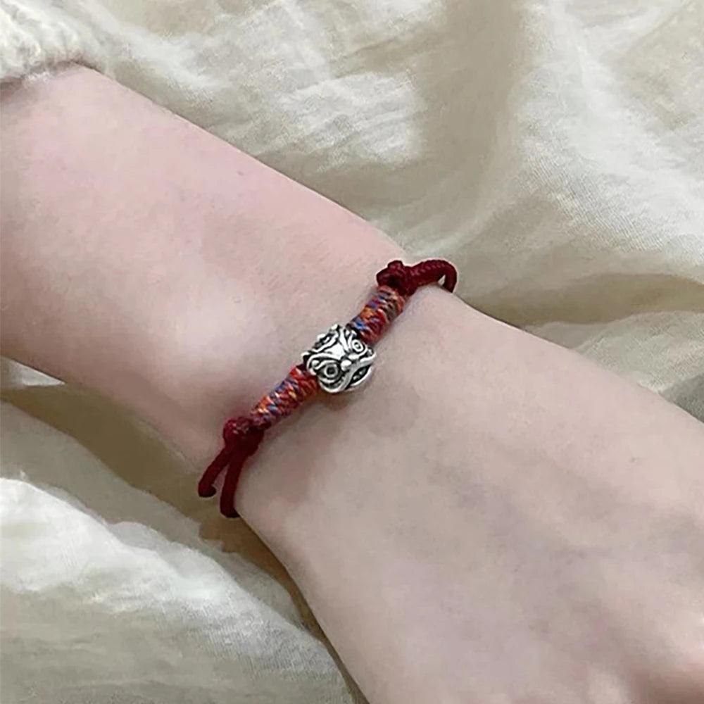 S999 Sterling Silver Lion Handmade Braid Rope Colorful Bracelet for Men and Women Good Luck Retro Animal Jewelry Gift - GQTORCH Jewelry