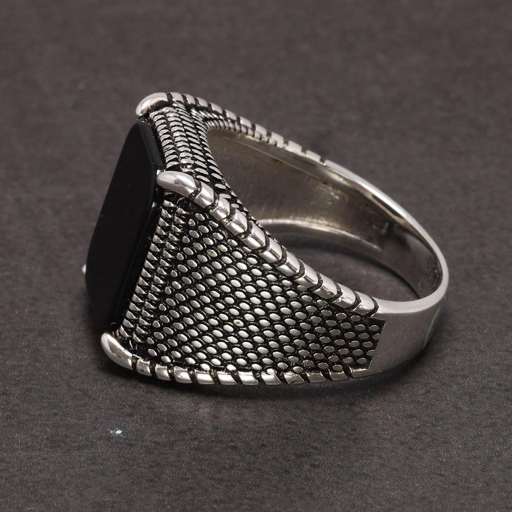 Real 925 Sterling Silver Mens Rings Black Natural Agate Stone With Claws Vintage Cool Fashion Turkey Jewelry - GQTORCH Jewelry