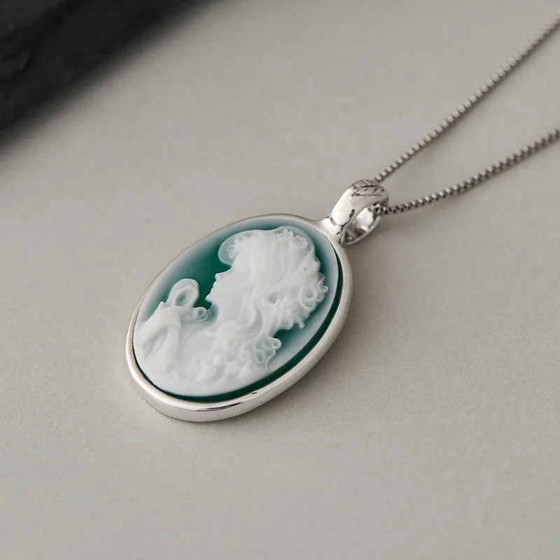 S925 Sterling Silver Natural Blue/Green Agate Goddess Oval Cameo Pendant Necklace for Women White Shell Trendy Elegant Vintage Jewelry