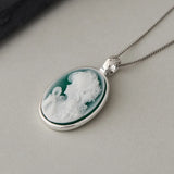 S925 Sterling Silver Natural Blue/Green Agate Goddess Oval Cameo Pendant Necklace for Women White Shell Trendy Elegant Vintage Jewelry