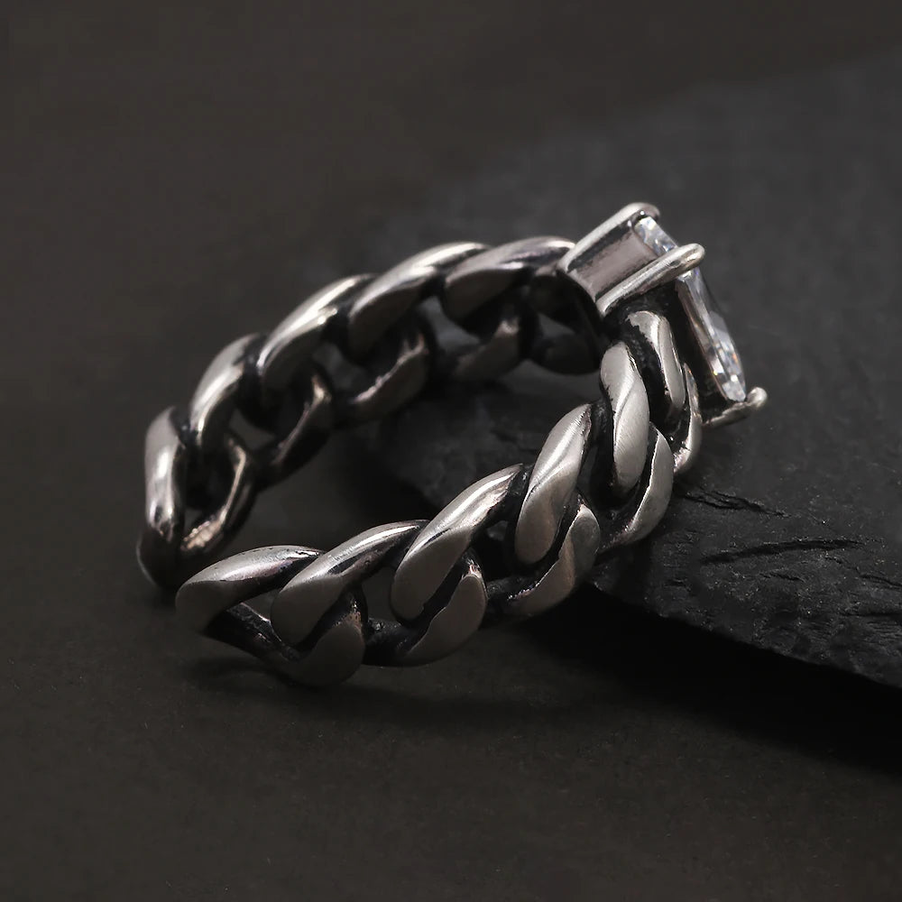 925 Sterling Silver Twisted Braided Ring with White Zircon Shining Square Shaped Thai Silver Color Retro Vintage Fashion Jewelry