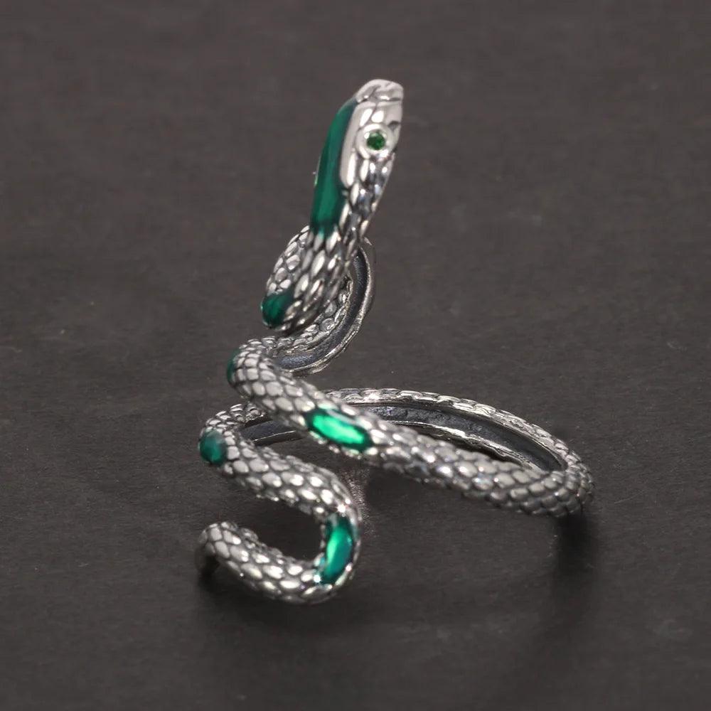 S925 Sterling Silver Snake Rings For Women with Green Zircon Stone Antique Punk Adjustable Animal Jewelry - GQTORCH Jewelry