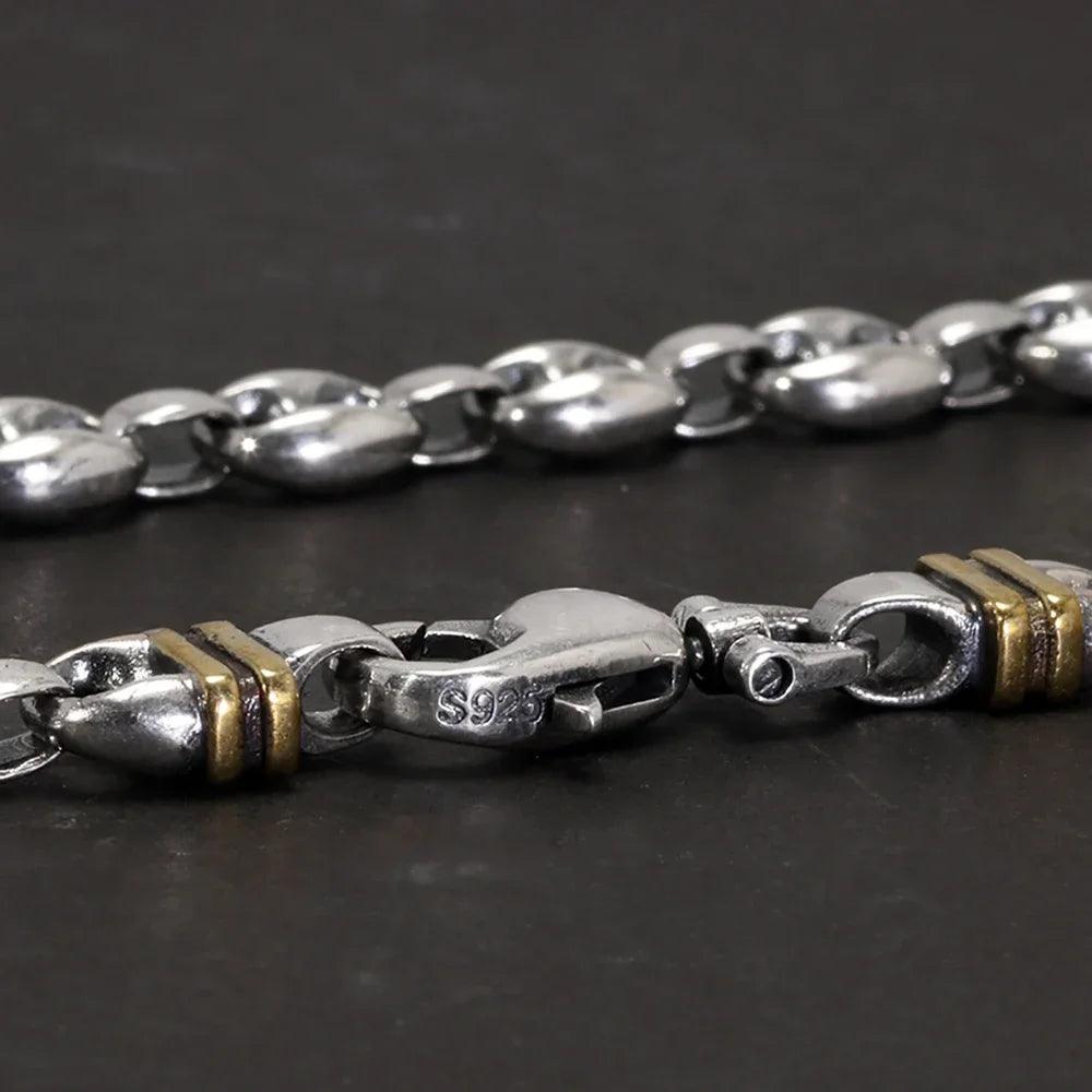 Solid 925 Sterling Silver 7mm Necklace Coffee Bean Chain for Men Retro Antique Punk Style Fine Jewelry - GQTORCH Jewelry