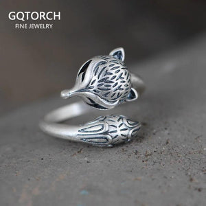 Real Pure S990 Sterling Silver Retro Craft Thai Silver Ring Fashion Fox Shape Openning Adjustable Rings Jewelry High Quality - GQTORCH Jewelry