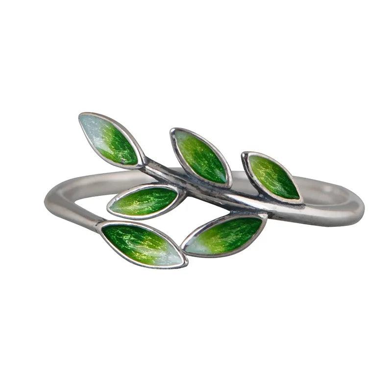 Real 925 Sterling Silver Green Enamel Leaf Ring Adjustable Ring Elegant Fine Jewelry For Women Party Accessories - GQTORCH Jewelry