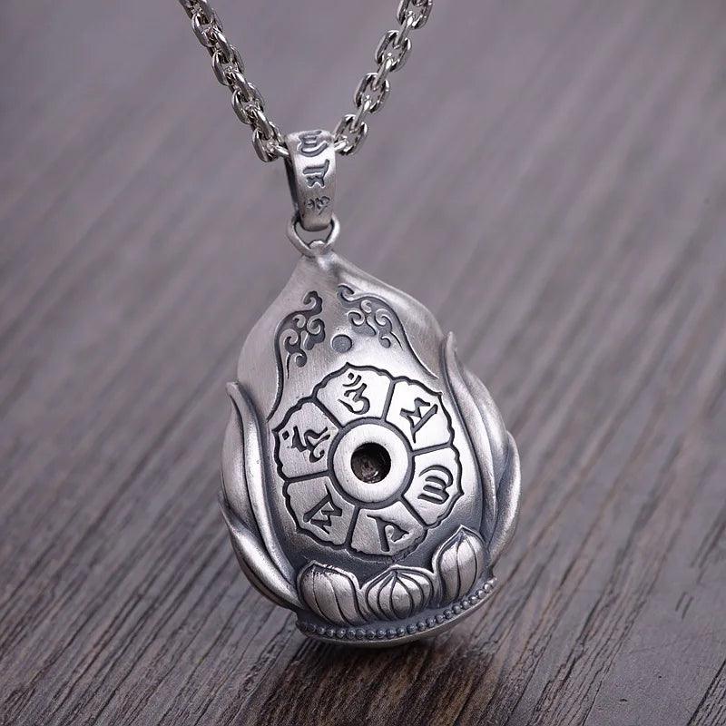 Real 999 Sterling Silver Guanyin Sits on Lotus Milefo Inside The Lens Buddha Mantra Pendant Retro Amulets Six Words Engraved - GQTORCH Jewelry
