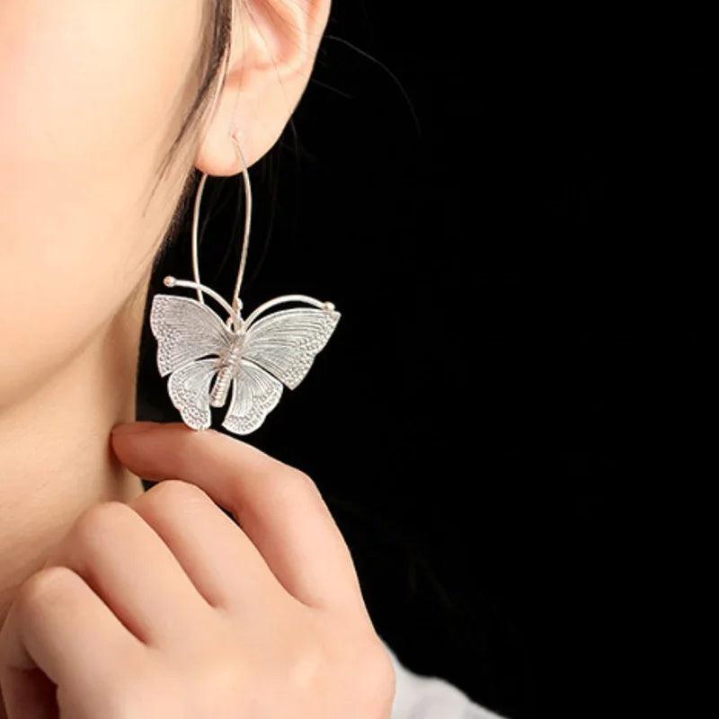 Real Pure 100% 925 Sterling Silver Exaggerated Large Butterfly Drop Earrings For Women Handmade Vintage Style - GQTORCH Jewelry