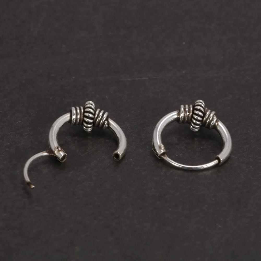 Real 925 Sterling Silver Hoop Earrings With String Ball Retro Antique Style Thai Silver Jewelry For Women Men Cool Fashion - GQTORCH Jewelry