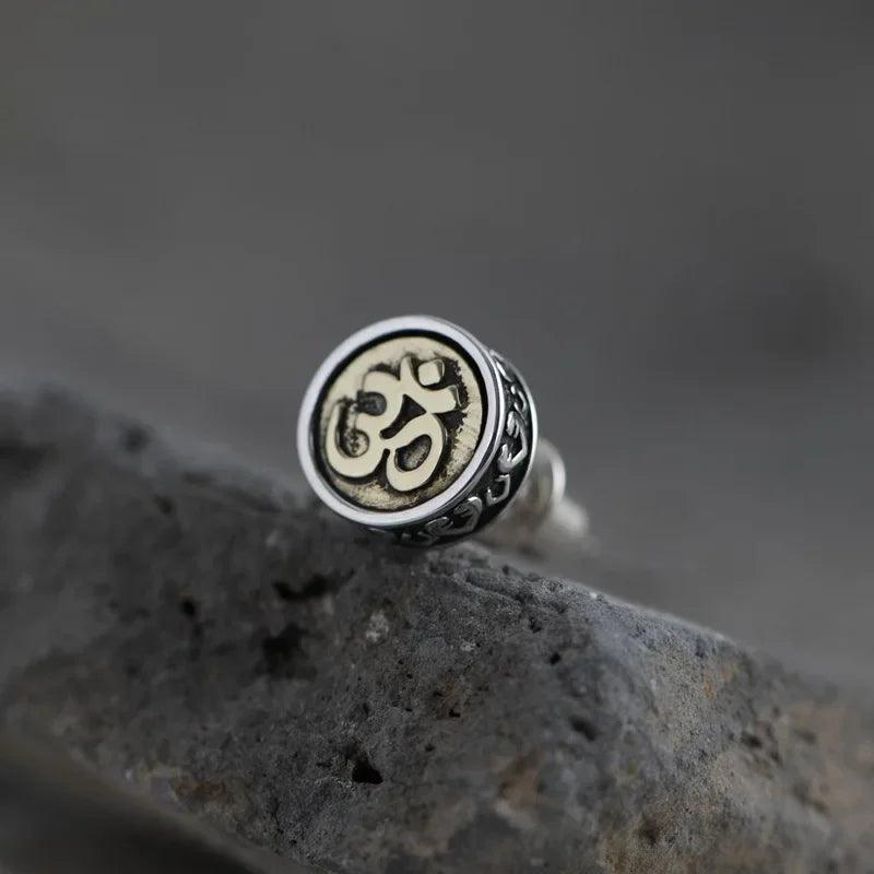 Real 925 Sterling Silver OM Mantra Stud Earrings For Women and Men Retro Antique Style Six-Word Sutra Buddhism Jewelry - GQTORCH Jewelry