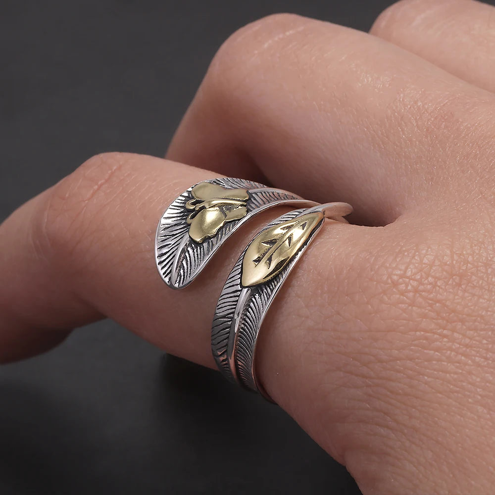 Real 925 Silver Feather Leaf Open Ring for Women Gold Butterfly Fashion Bohemia Vintage Retro Adjustable Fashion Party Jewelry