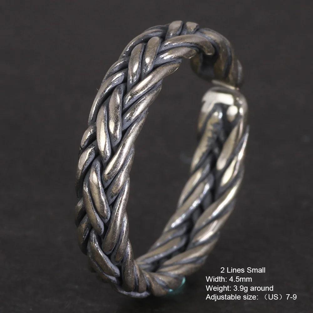 S925 Sterling Silver 2 and 4 Lines Braided Rings Handmade Viking Bands Adjustable Size 5-10 Handcrafted Jewelry - GQTORCH Jewelry