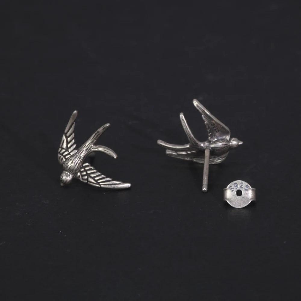 S925 Sterling Silver Vintage Men's and Women's Earrings Swallow Animal Earrings Punk Thai Silver Animal Jewelry - GQTORCH Jewelry