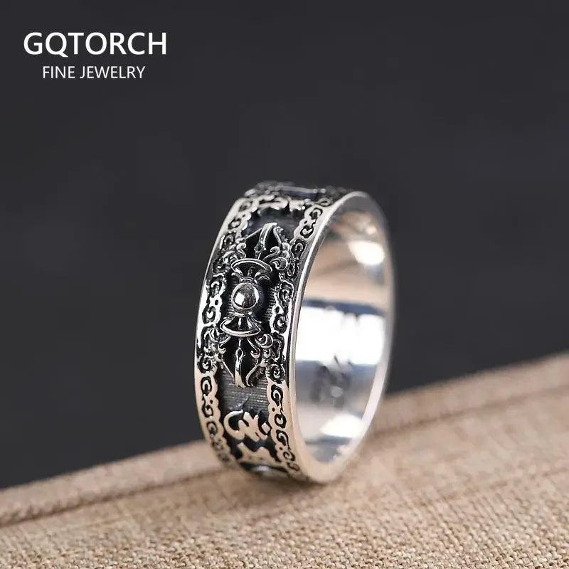 S925 Silver Vintage Thai Silver Ring Wholesale Men and Women Ethnic Style Six-character Mantra Vajra Ring - GQTORCH Jewelry