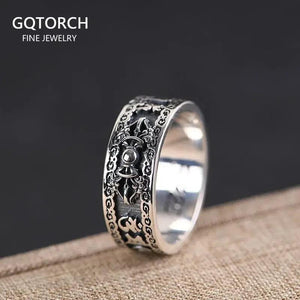 S925 Silver Vintage Thai Silver Ring Wholesale Men and Women Ethnic Style Six-character Mantra Vajra Ring - GQTORCH Jewelry