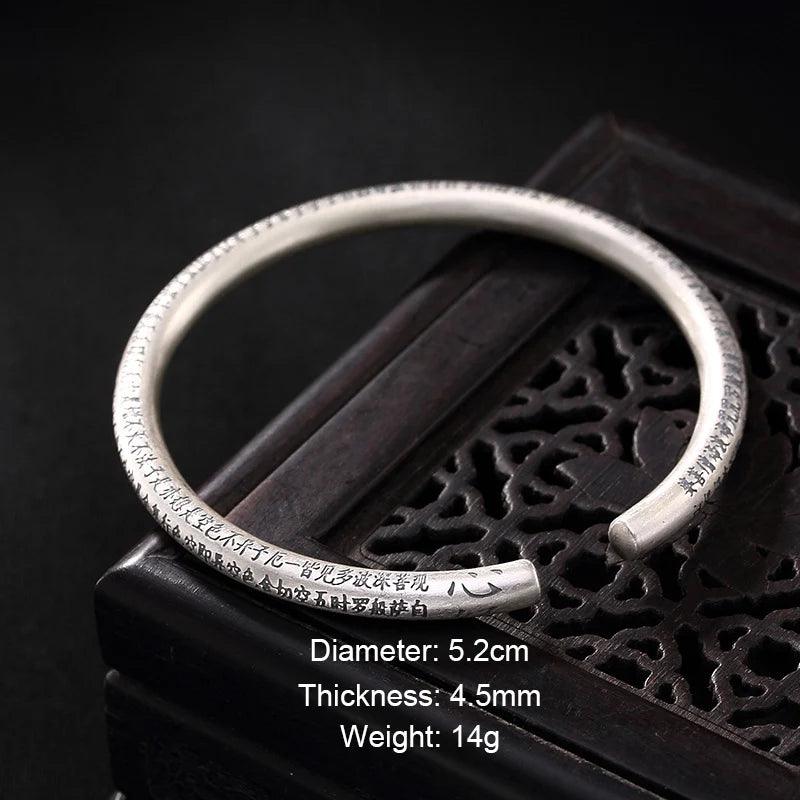 999 Pure Silver Bangles for Women Heart Sutra Buddhist Scriptures Engraved Mother Lover Gift Fine Sterling Silver Jewelry - GQTORCH Jewelry