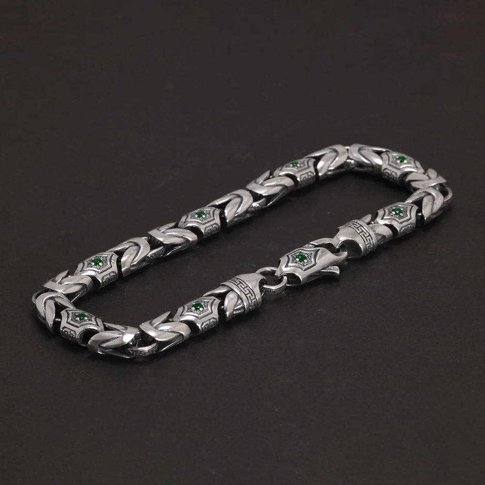 Real Pure 925 Sterling Silver 7mm Peace Pattern Bracelet for Men's Vintage Punk Set Zircon Armband Jewelry Best Gift