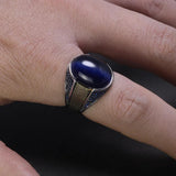 Real Pure Mens Rings Silver S925 Men's Turkey Rings with Natural Blue Tiger Eyes Stone Silver 925 Jewelry - GQTORCH Jewelry
