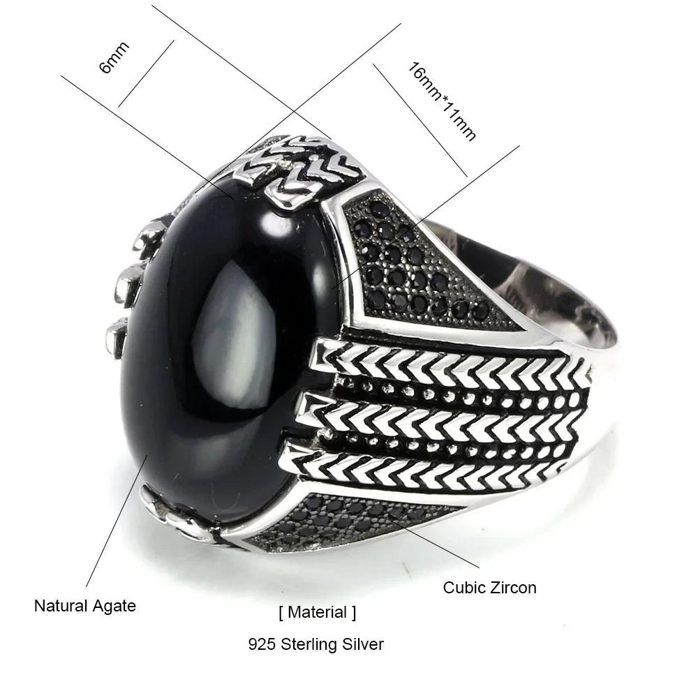 Real Pure 925 Sterling Silver Rings With Black Onyx Stone Big Turkish Rings For Men Retro Vintage Turkey Jewelry Anelli Uomo - GQTORCH Jewelry
