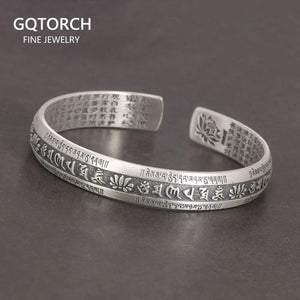 Real 999 Pure Silver Cuff Bangle Engraved Heart Sutra Six-character Mantra Retro Lovers Men's and Women's Bracelets Open Type - GQTORCH Jewelry
