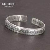 Real 999 Pure Silver Cuff Bangle Engraved Heart Sutra Six-character Mantra Retro Lovers Men's and Women's Bracelets Open Type - GQTORCH Jewelry