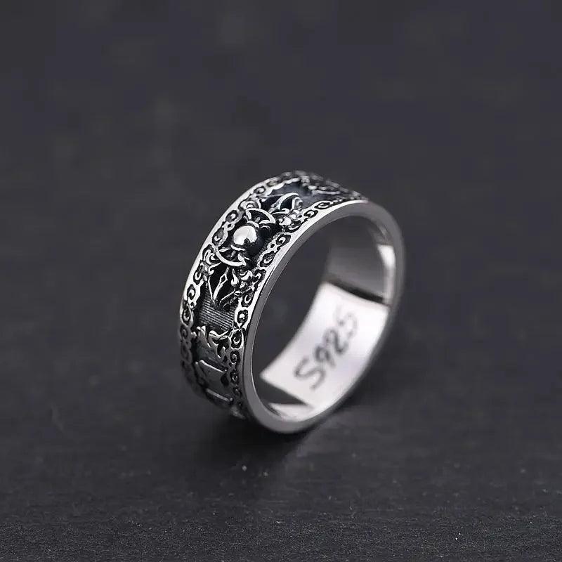 S925 Silver Vintage Thai Silver Ring Wholesale Men and Women Ethnic Style Six-character Mantra Vajra Ring - GQTORCH Jewelry