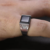 Solid Silver 925 Mens Rings Minimalist Turkish Rings For Men Black Square Natural Stone Turkey Male Jewelry Bague Homme - GQTORCH Jewelry