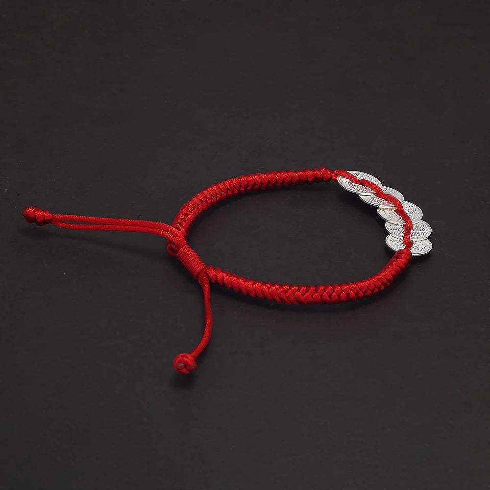 Handmade Braided Red Rope Lucky Bracelet Women Men 999 Sterling Silver Five Coins Money Wealth Charm Chinese Fengshui Jewelry