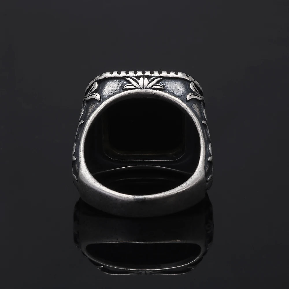 Solid S925 Silver Vintage Natural Stone Signet Ring Red Black Agate Green Jade Flower Engraved Fashion Turkish Wedding Jewelry