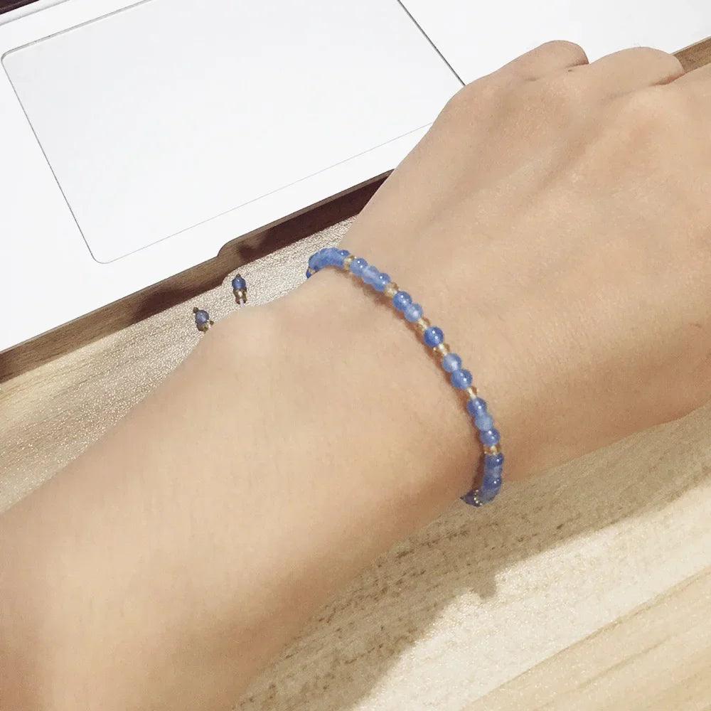 Small Beads Bracelets For Women Handmade Sea Blue Natural Stone 925 Sterling Silver Friendship Adjustable Beaded String - GQTORCH Jewelry