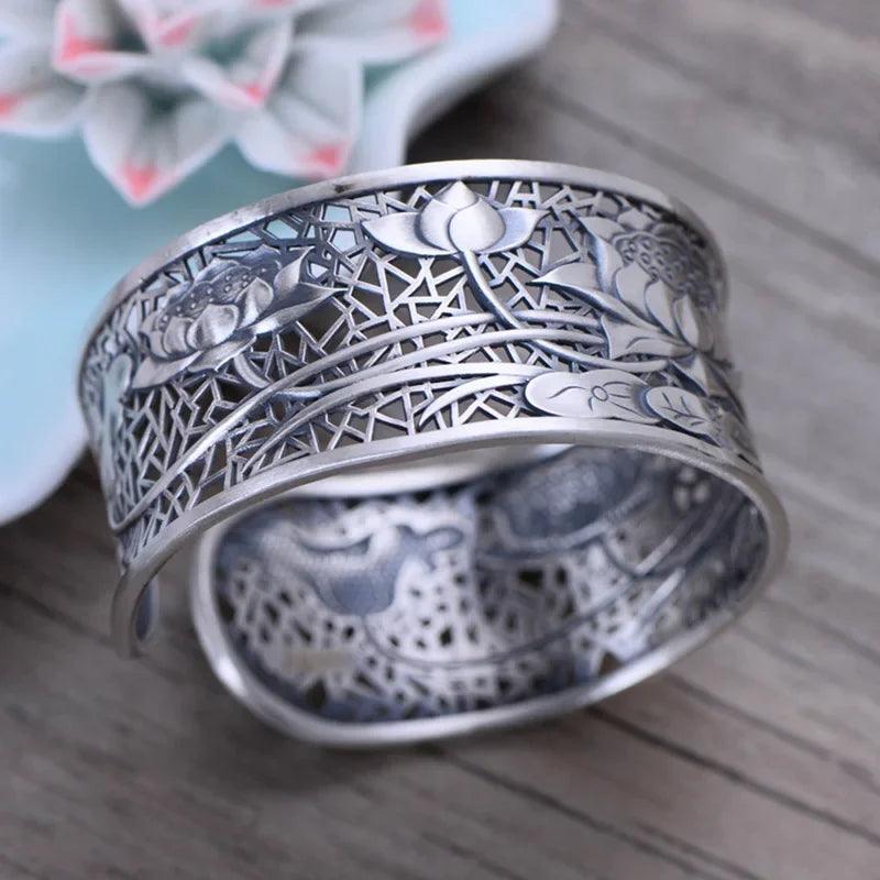 Real Pure 999 Sterling Silver Bangles For Women Wide Large Lotus Classic Tibetan Buddhism Jewelry Jonc Argent 925 - GQTORCH Jewelry