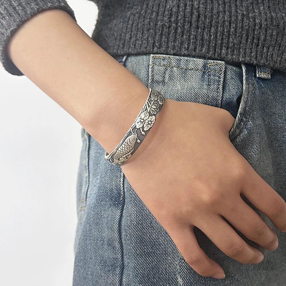 999 Pure Silver Buddhist Fish Lotus Bracelet Heart Sutra Engraved Open Cuff Bangle Vintage Adjustable Handmade Spiritual Jewelry - GQTORCH Jewelry