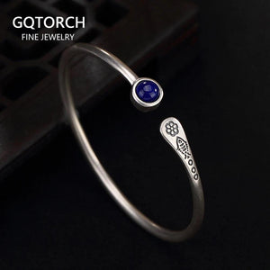 Real 925 Sterling Silver Women Cuff Bracelets Bangle Fish Engraved Natural Lapis Inlaid Tibetan Buddhism Jewelry - GQTORCH Jewelry