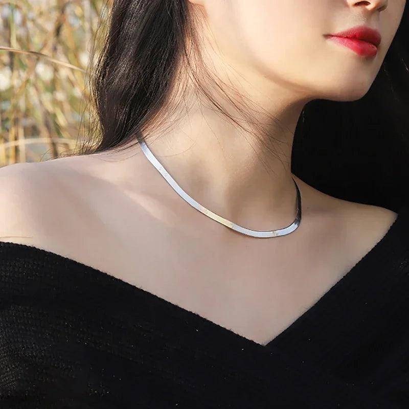 S925 Sterling Silver Necklace Bright Platinum-plated Blade Chain Flat Snake Bone Chain Clavicle Silver Chain Factory Wholesale - GQTORCH Jewelry