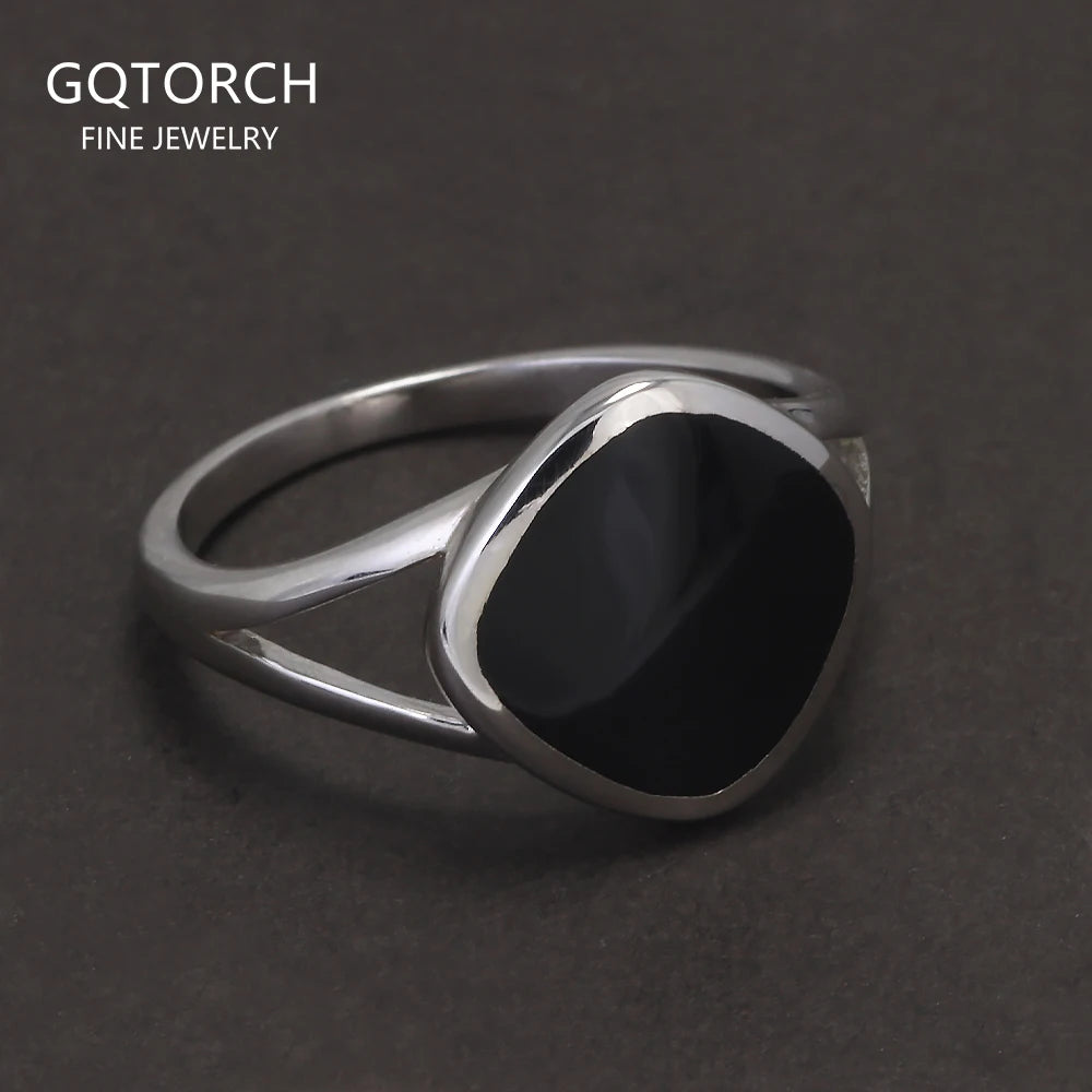925 Sterling Silver Geometric Black Mirror Ring for Women Enameling Simple Fashion Jewelry Gift for Her
