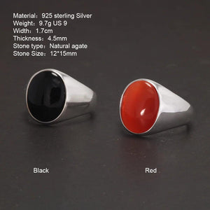 S925 Sterling Silver Natural Stone Rings for Men Red Black Color Agate Turkish Handmade Jewelry Luxury Ring Smooth Simple Design - GQTORCH Jewelry
