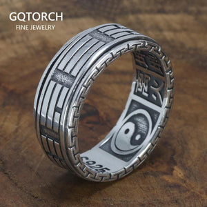 Real 925 Sterling Silver Rings For Men Spinner Rotatable Carving Taiji Bagua Yin Yang With Vintage Great Wall Pattern - GQTORCH Jewelry