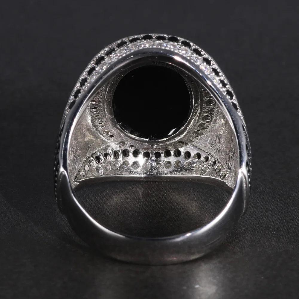 Real Pure 925 Sterling Silver Rings For Men With Natural Onyx paved with Black Zircon Turkish Finger Rings Man Wedding Band - GQTORCH Jewelry