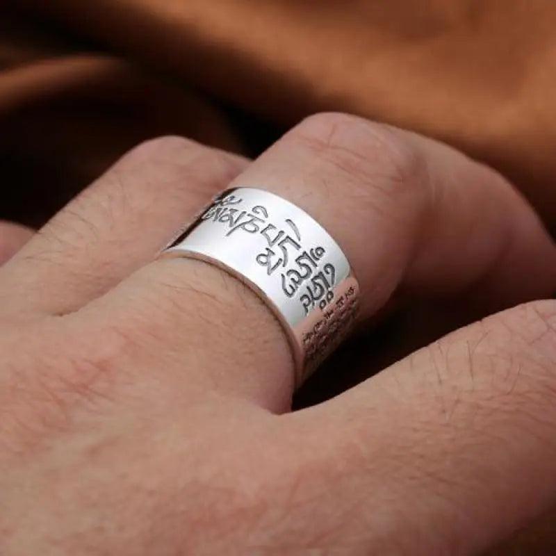Solid 999 Sterling Silver Sanskrit Buddhist Mantra Rings Wide For Men And Women Six Words Sutra Signet Rings Prayer Jewelry - GQTORCH Jewelry