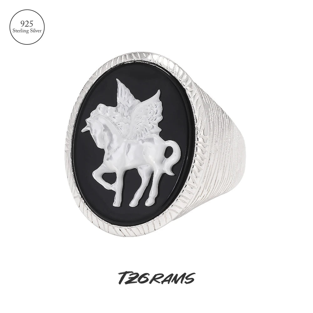 925 Sterling Silver Unicorn Cameo Onyx Ring Woman Black Onyx Earrings Pendant Round Shaped Fashion Vintage Jewelry Set