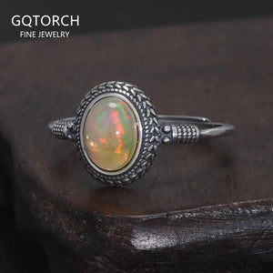 Vintage Opal Thin Ring for Women Antiqued 925 Sterling Silver Oval Shape Gemstone Adjustable Stackable Ring Jewelry Gift - GQTORCH Jewelry