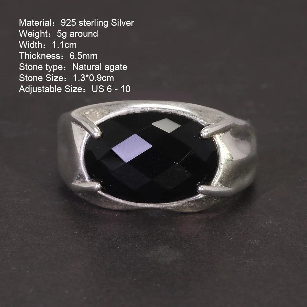 Real Pure 925 Silver Ring Women and Men Natural Stone Black Agate Oval Faceted US6-10 Adjustable Fine Jewelry - GQTORCH Jewelry